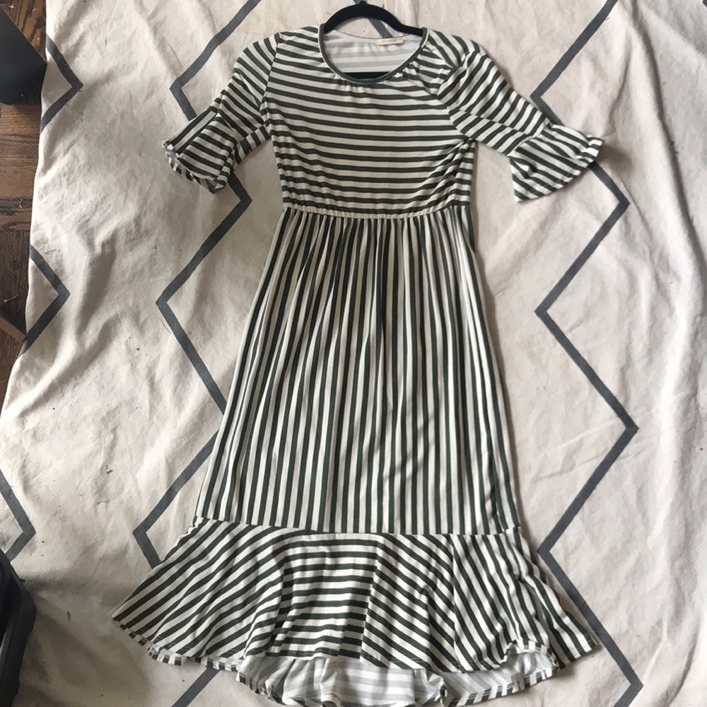 OLIVE GREEN STRIPED 3/4 flutter sleeve dress